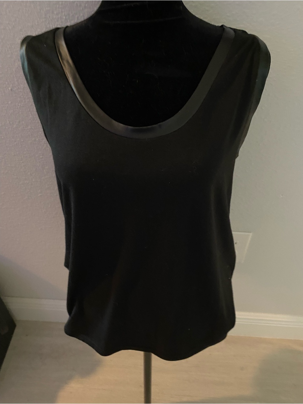 Othr Black Sleeveless Scoop Neck Tank with Faux Leather Trim